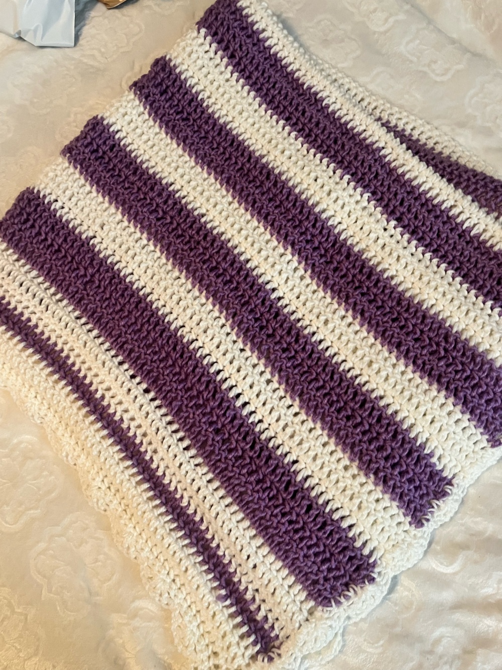 Handcrafted Purple and white Striped Crochet Throw Blanket 39x39"